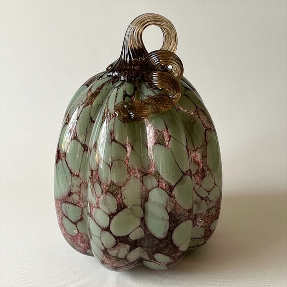 Hand Blown Art Glass Green Confetti Spotted Dots Pumpkin - Picture 1 of 5